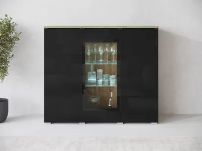 Produktbild von MINIO go for it, Kommode „VEVE“, 120 cm, Vitrine, mit Glasfront, Hochglanzfronten, Wotan / Schwarz Hochglanz Farbe