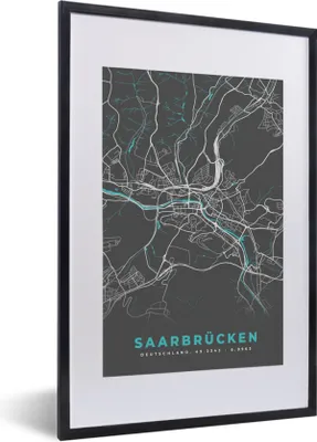 Produktbild von MuchoWow® Gerahmtes Poster Deutschland - Blau - Saarbrücken - Stadtplan - Karte 40x60 cm - Poster mit Schwarzem Bilderrahmen Wandposter Rahmen Foto Bilder - Poster in Rahmen