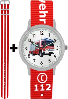 Produktbild von Pacific Time Feuerwehr Armbanduhr Kinder Jungen Mädchen 2 Wechselarmbänder rot weiss 87438