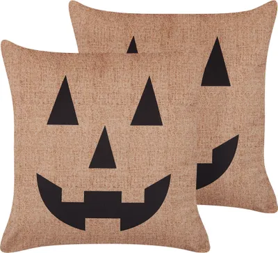 Obrázek produktu pro BELIANI Sada 2 Dekorativních polštářů béžový samet 45 x 45 cm motiv halloweenská dýně čtvercový moderní Halloween bytové doplňky