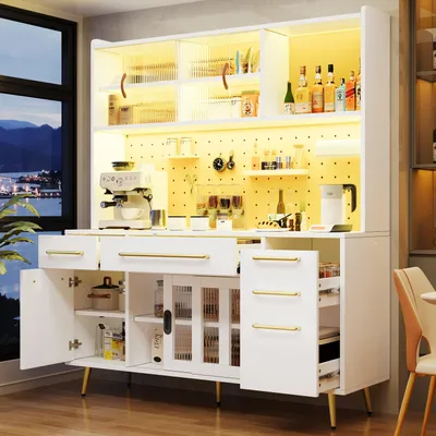 Produktbild von MODFU Hochschrank,Sideboard mit Schubladen und LED Beleuchtung,Aufbewahrungsschrank,Küchenschrank mit Schubladen und Stauraum,Für Küche Und Wohnzimmer Weiß