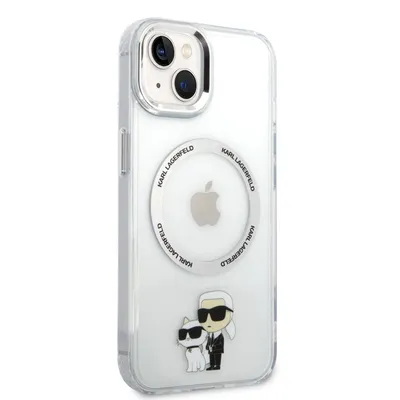 A clear, studio shot of a transparent iPhone case with a Karl Lagerfeld design.
