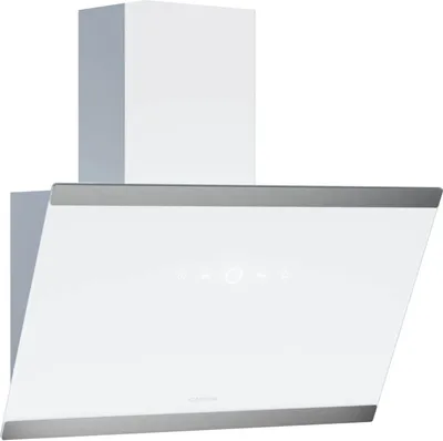 A white and gray kitchen range hood against a white background.