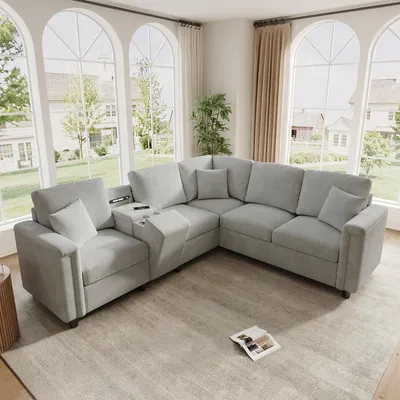 Produktbild von STILVORA L-förmiges Ecksofa aus Chenille-Stoff, 5-Sitzer-Sofa mit Stauraum-Konsole und Getränkehaltern, Wohnzimmersofa mit USB/Type-C und Leselicht