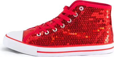 A side view of a red sequined high-top sneaker with white laces and a white sole.
