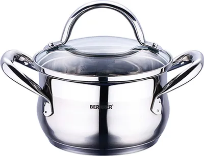 Produktbild von Bergner Edelstahl Kochtopf 5.6 Liter, für alle Herdarten, mit Glasdeckel, 2 Griffe und verkapseltem Boden, rund, silberfarben, BG-6508, 1 Stück, für fettarmes Kochen