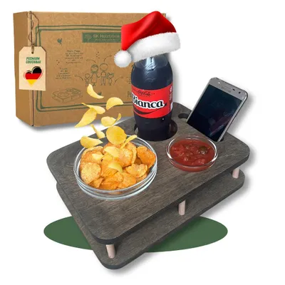 Produktbild von Couchbar Snackbox YOLO Grau mit 2 Glasschalen - Getränkehalter für Sofa - Snackbar für die Couch - Couch Tablett mit Getränkehalter - Sofa Butler