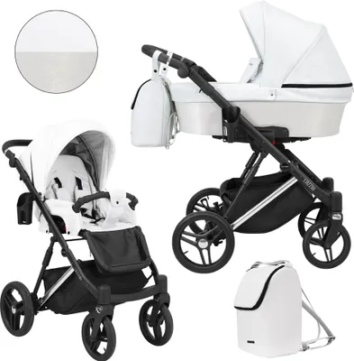 Produktbild von Kinderwagen LAZZIO PREMIUM Sportwagen Babywagen Babyschale Komplettset Kinder Wagen Set 2 in 1 (weiß + eco, Rahmenfarbe: Silber)