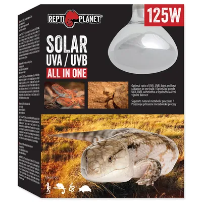 The image shows the packaging for a Repti Planet Solar UVA/UVB All In One bulb, featuring images of reptiles and the product itself.