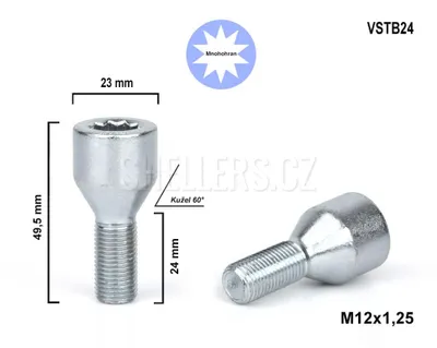 Obrázek produktu pro Kolový šroub M12x1,25x24 kužel s vnitřním mnohohranem, VSTB24, průměr hlavy 23mm výška 49,5 mm