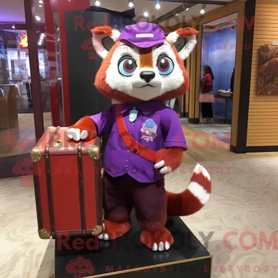 Produktbild von Maskottchenfigur REDBROKOLY eines lila roten Pandas mit Kleid und Aktentasche