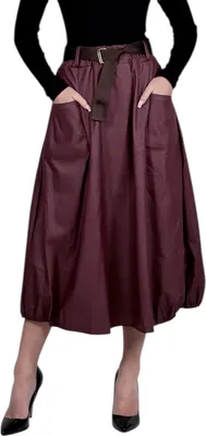 Produktbild von 435 A-Linien-Rock Damen Midirock in Lederoptik mit Stoffgürtel Bordeaux