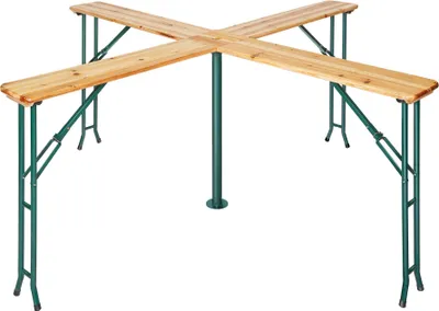 A cross-shaped picnic table with wooden planks and green metal legs, set against a white background.