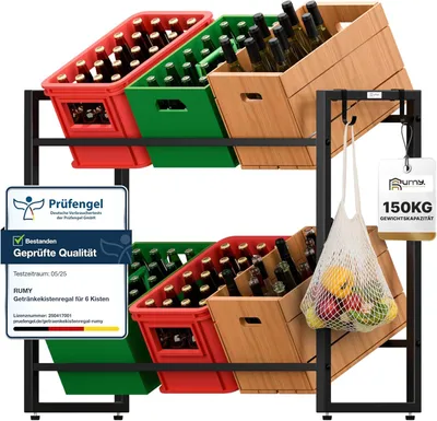 Produktbild von Rumy Getränkekistenregal für 6 Kisten – Stabiles Getränkeregal und 2 Haken – Kistenregal für Getränkekisten, Bierkisten und Wasserkästen – Schwarz, Bierkisten regal belastbar bis 150 kg