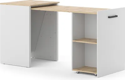 A white and wood-colored desk with an extendable surface and shelving.