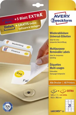 Image de Avery Zweckform L6023REV-25 Étiquettes universelles, 63,5 x 38,1 mm, 25 feuilles/525 étiquettes, blanc