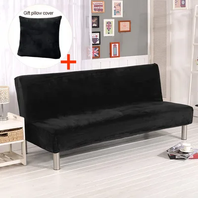 Produktbild von Armlose Schlafsofa-Bettdecke Polyester Elasthan Stretch Futon 3-Sitzer Schonbezug mit Kissenbezug, 80 x 50 cm, Schwarz