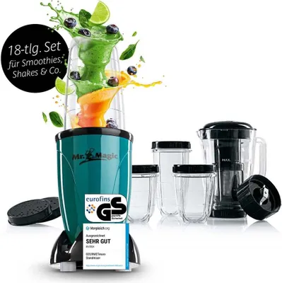 Produktbild von GOURMETmaxx Smoothie Maker 18tlg. Set Stand-Mixer inkl. 4 To-Go Becher mit Deckel 2 Klingenaufsätzen Blender Zubehör spülmaschinenfest auslaufsicher