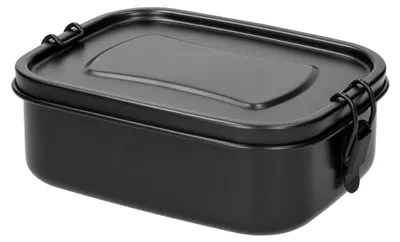 A black metal lunchbox with a hinged lid and clasp closure is shown against a white background.