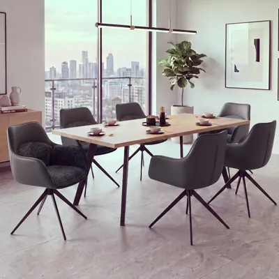 Imagen del producto de Juego de 6 sillas de comedor HWC-R23, sillas para cocina, sillas giratorias, tapizadas en cuero sintético y tela chenille (410 g/m²), color gris oscuro