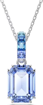 A close-up studio shot of a silver necklace with a large blue pendant.