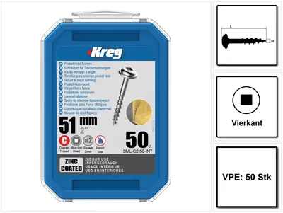 Produktbild von KREG Pocket-Hole Linsenkopfschraube 51 mm 50 Stk ( SML-C2-50 ) Vierkantantrieb Teilgewinde Grobgewinde selbstschneidend verzinkt