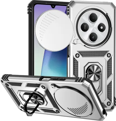 Immagine prodotto di Custodia per Xiaomi Redmi 14C a doppio strato con copertura scorrevole della fotocamera e supporto ad anello Argento