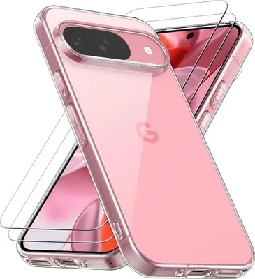A clear protective case and screen protectors for a pink Google Pixel phone.