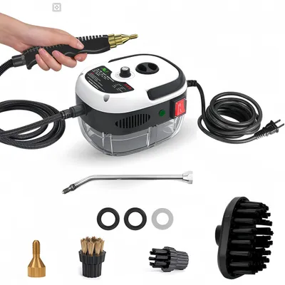 A handheld steam cleaner and its accessories are displayed against a white background.
