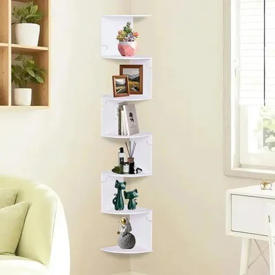 Produktbild von Weiße Eckregal mit 7 Ebenen für Bücher und Dekoration, schwebende Regale für Wohnzimmer, Schlafzimmer und Büro, ideal für kleine Räume und zur Aufbewahrung