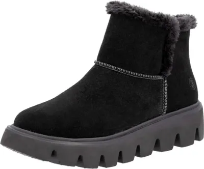A black winter boot with a thick sole and fur lining, shown against a white background.