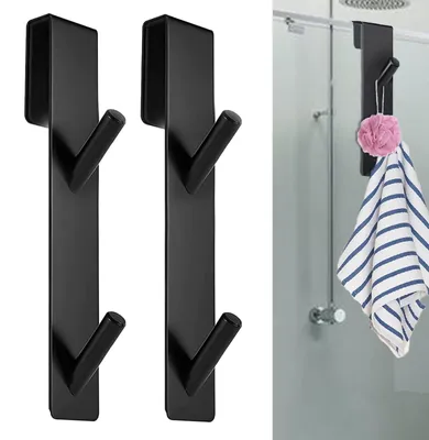Image de Crochets de douche sans perçage, noirs, 17,8 cm avec double crochet, lot de 2 crochets à serviettes en acier inoxydable, porte-serviettes pour paroi de douche, support pour raclette de douche et serviettes, patins en caoutchouc pour vitres de 6 à 12 mm d'épaisseur