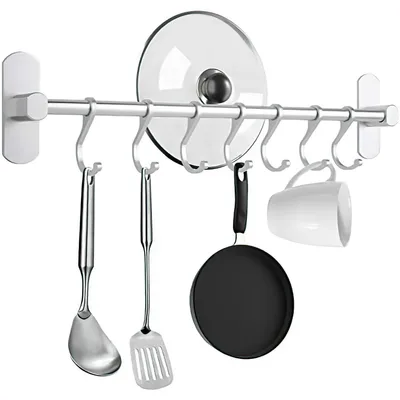 Produktbild von Hakenleiste Küche ohne Bohren Selbstklebend Küchenschiene mit 7 Haken Kleiderhaken ohne Bohren, 20kg Tragfähigkeit, Aluminium Küchenhakenleiste