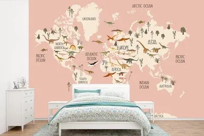 Produktbild von Fotobehang Weltkarte - Deko für Mädchenzimmer - Dinosaurier - Mädchen - Rosa - Breite 330 cm x Höhe 220 cm - Wanddeko für Kinderzimmer
