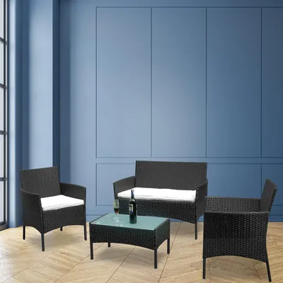 Produktbild von Fiqops Gartenmöbel Gartenmöbel-Sets Handgeflochten Garnitur Sitzgruppe Sofa Gartengarnitur Relax-Lounge schwarz