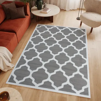 A living room scene with a rug, sofa, and coffee table.