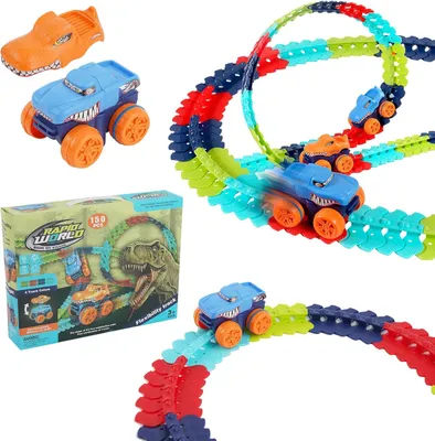 Image de Kit de circuit de course, 150 pièces, avec des dinosaures, des voitures de course interchangeables, pour les enfants à partir de 3 ans