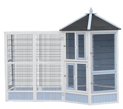 Produktbild von Dehner Vogelvolieren-Set Santorini, mit Freigehege, 132 x 236,4 x 180 cm, Holz/Metall/Bitumen, weiß/blau