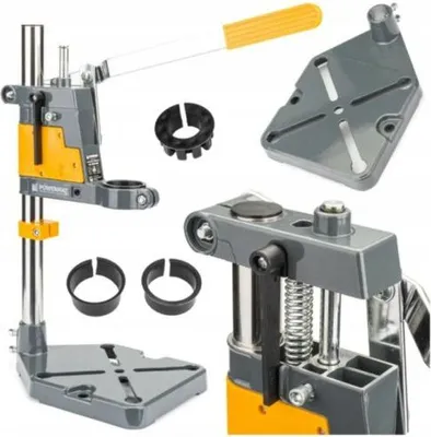 A collage of a drill press stand and its accessories, laid out on a white background.