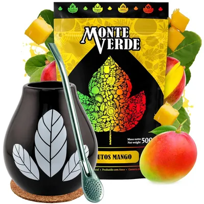 Zdjęcie produktu dla Zestaw Monte Verde Yerba mate-tee 500 g – ceramiczny kubek Hoja Black 350 ml – Bombilla 19 cm i podkładka korkowa – brazylijska herbata mate z mango 500 g