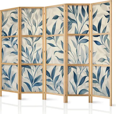 Produktbild von 5-teiliger Einseitiger Vlies Japanischer Paravent - Leaves in Blue Colors - Delicate Botanical Motif 225x172 cm Blumen f-H-10012-bh-b