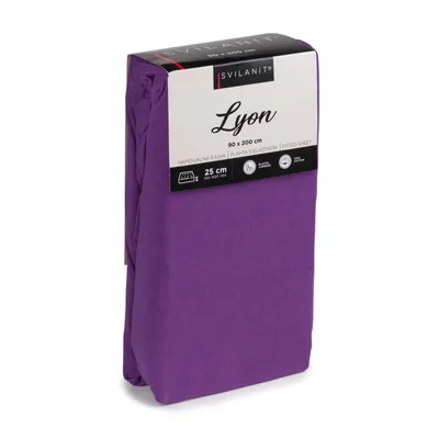 A folded purple fitted sheet is shown inside its packaging.