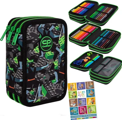 Produktbild von Federmäppchen 3 Fächer - Mäppchen für Mädchen und Jungen - Federmappe 3-Fach Federtasche Gefüllte Schüleretui 46-teilig - Schulmäppchen Bauseteine