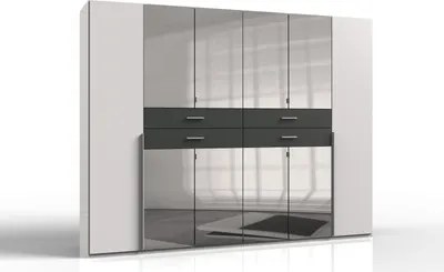 Produktbild von Kleiderschrank "Denver" aus Spanplatte in Weiß mit 4 Schubladen und 10 Türen. Abmessungen (B/H/T) 270x208x58 cm