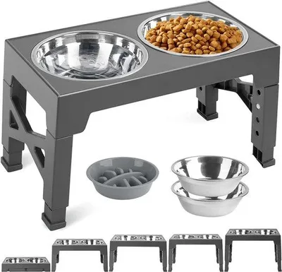 Produktbild von Ibenzoa® Erhöhte Hundenapf-Futterstation, höhenverstellbar (8/22/24/27/30 cm) für mittelgroße & große Hunde, 2×1200 ml Edelstahl, Slow-Feed, Antirutschfüße