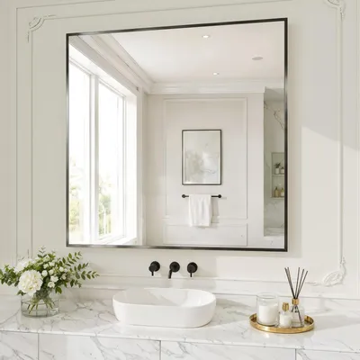 Wandspiegel 90×90 cm, gehärtetes Glas, rostbeständig, Schwarz