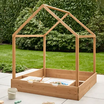Produktbild von Sandkasten PROVENCE aus Holz, 1.2m breit, wetterbeständig, mit Deckel, Sitzbank und 2 Behältern