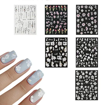 Image de Autocollants pour ongles, 6 feuilles, décorations florales 5D, couleur blanche