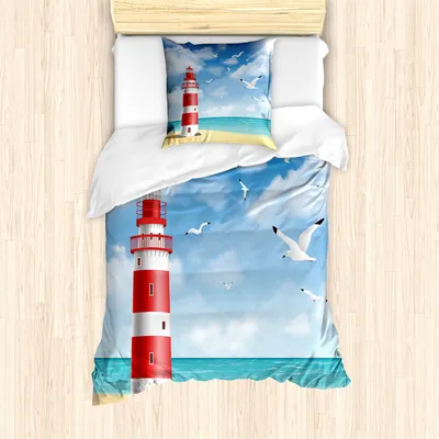 Produktbild von ABAKUHAUS Strand Mantele, Leuchtturm Möwen Ozean, Milbensicher Allergiker geeignet mit Kissenbezügen, 135 cm x 200 cm - 80 x 80 cm, Vermilion Blau