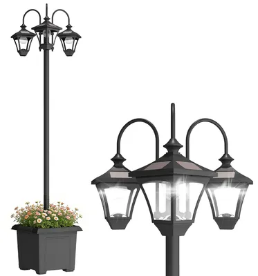 Productafbeelding van Solar staande lamp met bloempot, 185 cm in hoogte verstelbaar, tuinlantaarn voor buiten met 3 lampkoppen, lichtregeling